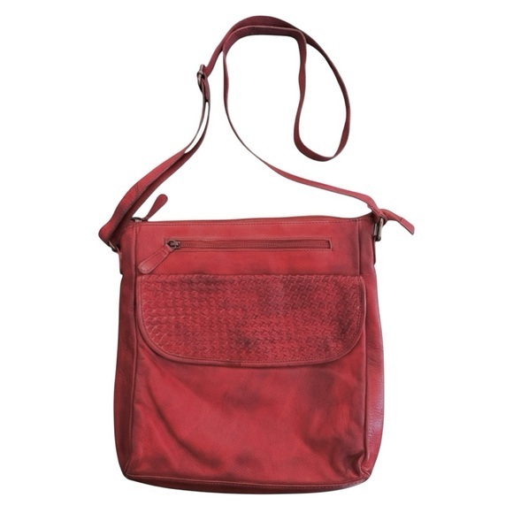 Vintage Handbags - Braided Leather Crossbody Bag Purse Casual Genuine Leather 11” x 11” Red…